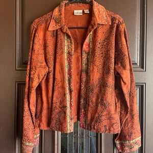 Chico's Rust Open Front Womens Jacket Embroidered Cotton Jacquard Size 1